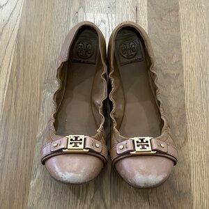 Tory Burch Women's Brown Gold Leather Slip‎ On Ballet Flats